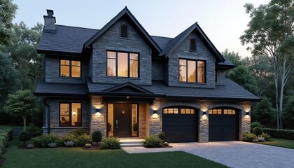 Naklejka premium Modern two-story gray brick cottage with garage, luxury colonial style house featuring beautiful landscaping. New construction home offers cozy ambiance, available for sale rent, perfect for