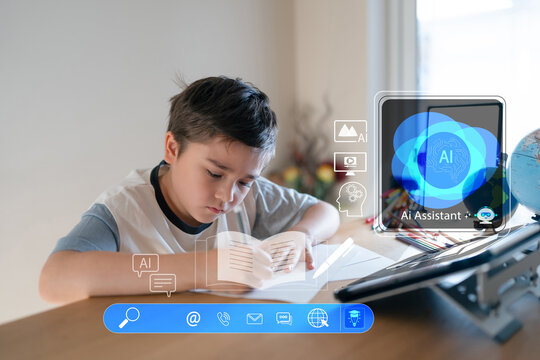Young boy learning with AI assistant at home, using futuristic technology for online education, homeschooling, or virtual tutoring. Concept of AI in modern children's learning - Powered by Adobe