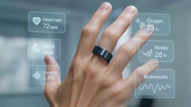A human hand displays a smart ring with holographic AR interface showing health data like heart rate, oxygen levels, and stress metrics. Wearable health tech concept