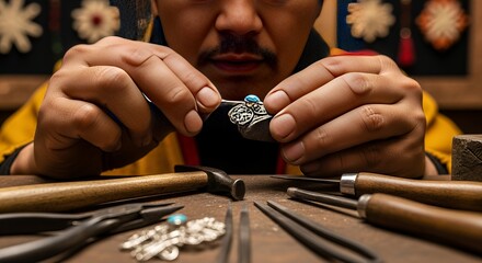 Close-up view of a jeweler meticulously working on a silver ring with a turquoise stone.