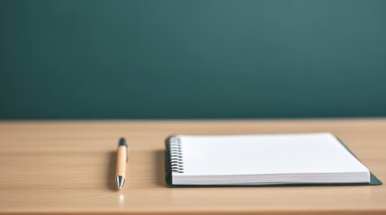 Blank notebook and pen on wooden desk with empty chalkboard in background, ready for writing notes, ideas, or lessons