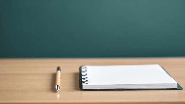Blank notebook and pen on wooden desk with empty chalkboard in background, ready for writing notes, ideas, or lessons