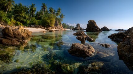 Clear, shallow waters near rocky shore with palm trees and bright sunlight.
