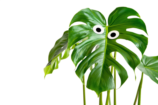 Monstera Deliciosa Plant with Googly Eyes Looking Directly Ahead