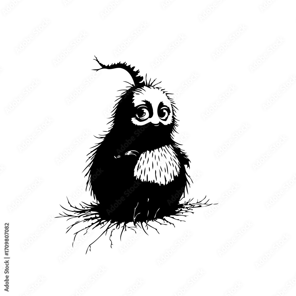 Poster monochrome depiction of an enigmatic creature standing on roots adding an element of mystery and