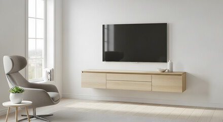 Modern Minimalist Living Room with Wall-Mounted TV and Wooden Floating Cabinet