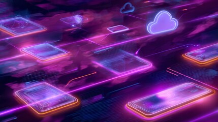 Futuristic digital background featuring floating smartphones, 5g lines, and holographic data streams