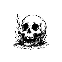 Obraz premium Monochrome depiction of skeletal remains symbolizing mortality amidst barren land with minimal