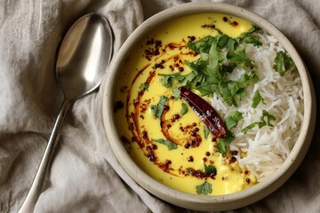 Indian Rice Bowl, creamy kadhi chawal with chili tadka and coriander in modern editorial style