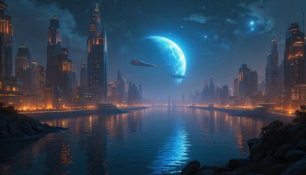 Futuristic city skyline at night with glowing skyscrapers reflected in calm water. Large, luminous planet dominates dark sky alongside spacecraft, suggesting cosmic travel and advanced technology.