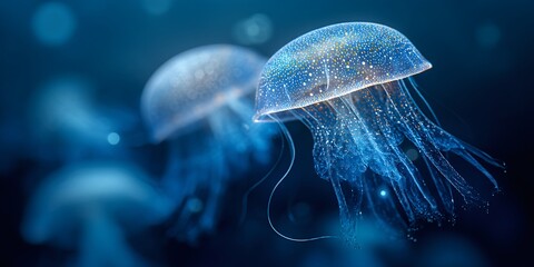 Fototapeta premium Macro photograph of delicate baby jellyfish glowing softly while drifting in ocean waters