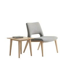 Contemporary chair with wooden side table design, cut out isolated on white or transparent background, PNG format.