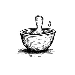 Monochrome hand drawn image presenting a mortar and pestle for herbal remedies and alternative