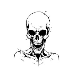 Monochrome human skull drawing with sinister expression and abstract ink blots on white backdrop