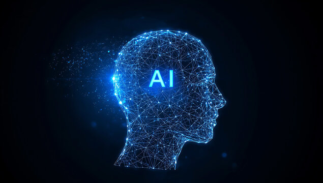 Abstract glowing blue ai head silhouette composed of digital particles and data streams on a dark background - Powered by Adobe