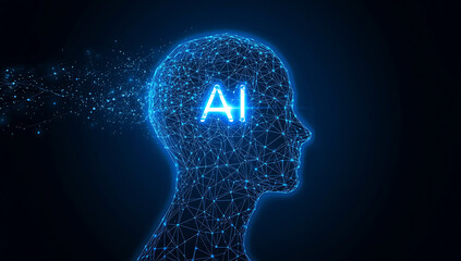 Abstract glowing blue ai head silhouette composed of digital data particles dissolving into the darkness representing artificial intelligence