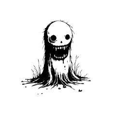 Monochrome illustration of a sinister specter with a grotesque grin looming from the depths of