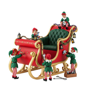Christmas elves repairing a red Santa sleigh
