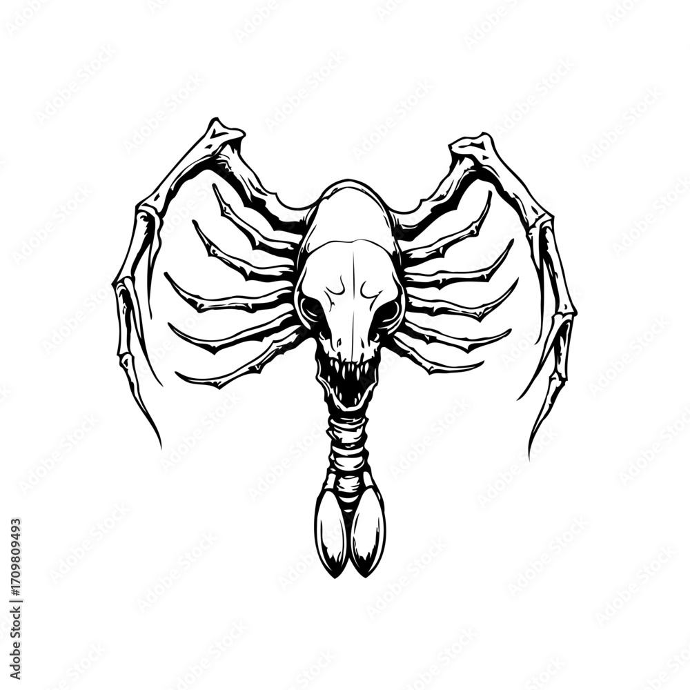 Aufkleber monochrome skeletal creature with clawed limbs and segmented tail against a stark white backdrop,