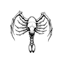 Monochrome skeletal creature with clawed limbs and segmented tail against a stark white backdrop,