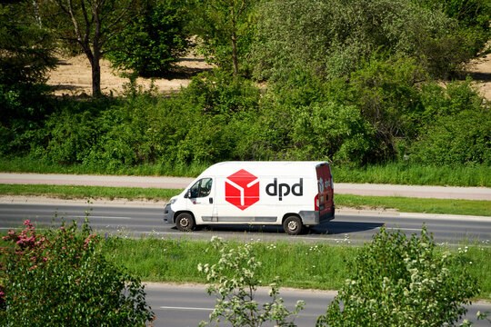 DPD logo truck drives through Europe Poland, Europe 26.05.2025