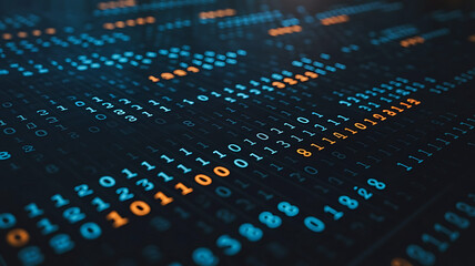 Abstract digital data stream with glowing binary code and illuminated information on a dark background representing technology and innovation