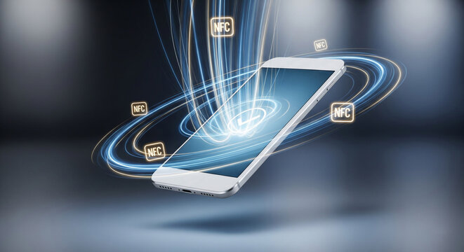 A vibrant white smartphone with NFC communication and high-speed data transfer image floating on an abstract background