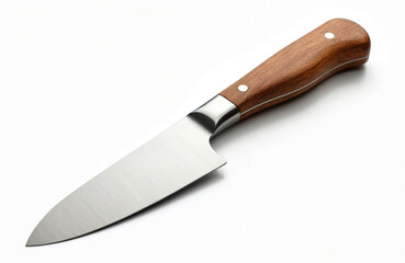 Fototapeta premium Close-up kitchen knife with wooden handle and steel blade, isolated on white background. Shiny sharp metallic tool for cooking, carving, slicing food. Essential utensil for chef preparation.