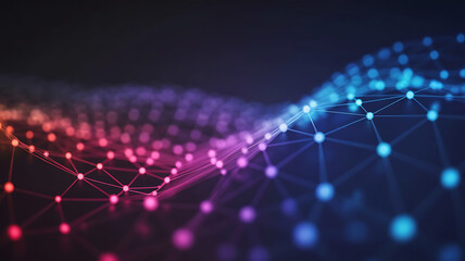 Abstract digital network of glowing nodes and lines in vibrant pink and blue hues on a dark background