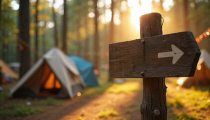 Handcrafted wooden directional campsite signpost points towards tents at multicultural festival celebrating nature. Rustic setting, aged wood texture, rural journey sign. Explore forest paths,