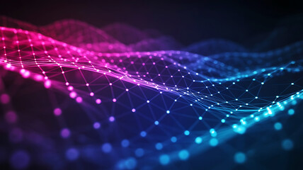 Abstract glowing digital network of interconnected nodes and lines in vibrant pink and blue hues on a dark background