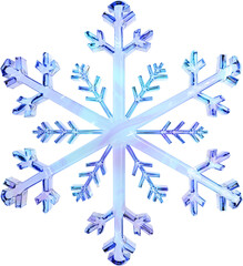 3D blue glass snowflake frost shape. Winter seasonal rendering icon, ice snow illustration