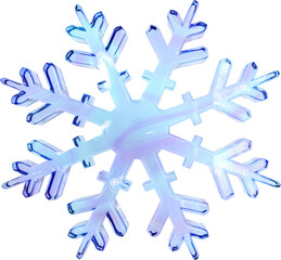 3D blue glass snowflake frost shape. Winter seasonal rendering icon, ice snow illustration