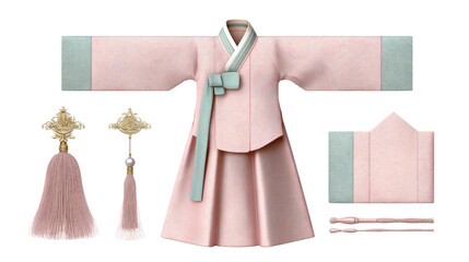 Minimalist layout of hanbok parts: jeogori, chima, norigae,Transparent background, PNG file