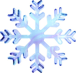 3D blue glass snowflake frost shape. Winter seasonal rendering icon, ice snow illustration