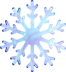 3D blue glass snowflake frost shape. Winter seasonal rendering icon, ice snow illustration