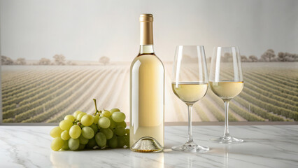Obraz premium local food and wine Elegant white wine setup with a bottle, glasses, and grapes against a vineyard backdrop.