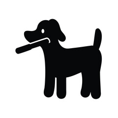 Silhouette of a playful dog carrying a stick, isolated on white background