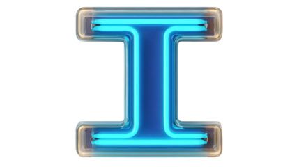 Neon light letter ITransparent background, PNG file