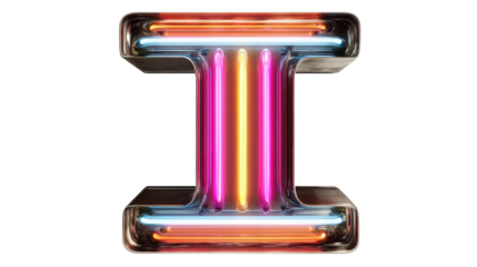 Neon light letter ITransparent background, PNG file