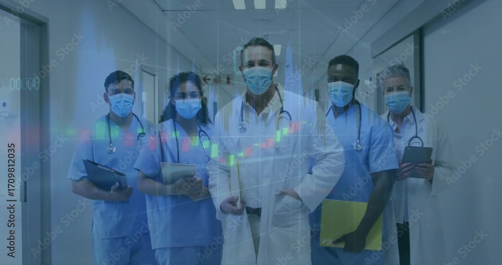 Poster medical team stepping into corridor while line chart overlay moving across group tracking data