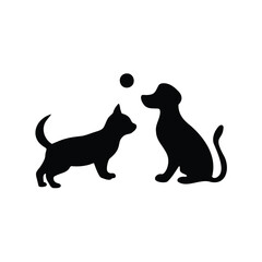 Silhouette of a cat and dog looking at a ball, a playful scene