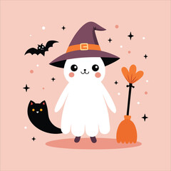 Cute Ghost with Witch Hat Halloween Kawaii Ghost and Cat