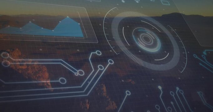 Sunlight illuminating canyon initiating HUD chart fading and rings rotating visualizing data flow