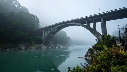 Naklejka premium Misty Mountain Arch Bridge Over River
