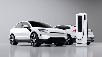 electric vehicle charging at minimal futuristic station, white clean parking background, wide copyspace