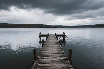 Fototapeta premium Pier on a calm lake with wooden dock and blue sky in nature landscape