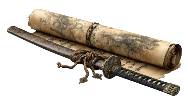Old Japanese samurai scrolls and sword combination,Transparent background, PNG file