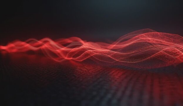 Mysterious Red Waves: Dynamic red waves ripple gracefully across a dark, futuristic background, creating an atmospheric effect with an abstract touch. 