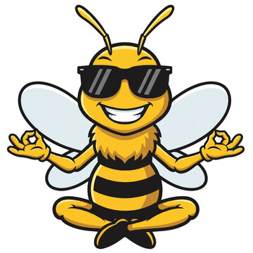 Cartoon bee with sunglasses meditating in lotus position.